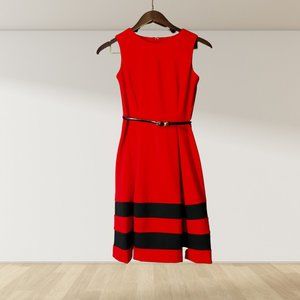 Calvin Klein Red and Black Striped Dress with Belt